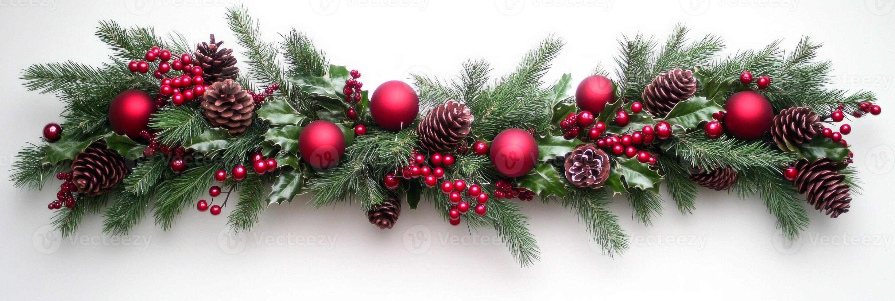 Traditional Christmas wreath adorned with ornaments, red berries, and pine cones for a festive holiday atmosphere photo
