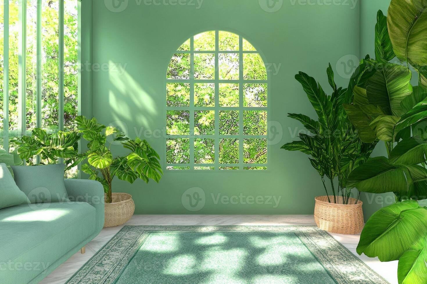 Cozy living room adorned with muted blue and green tones featuring natural light and vibrant plants photo