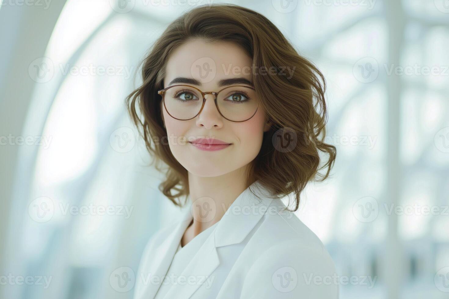 A cheerful woman with glasses wearing a white blazer in a bright modern office setting during the day photo