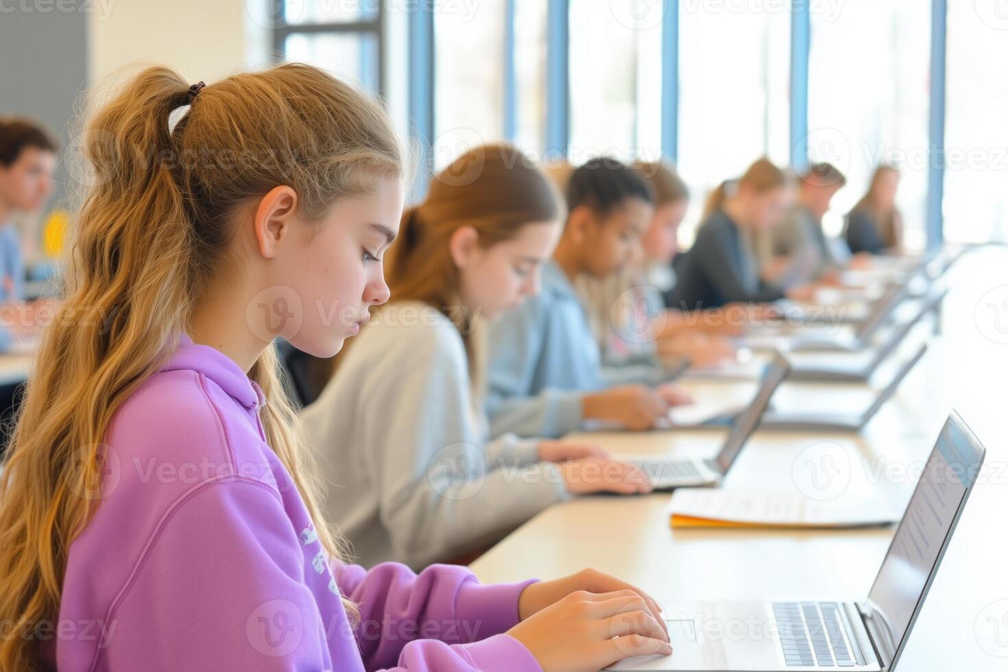 A diverse group of students focused on their laptops during a study session in a bright classroom photo
