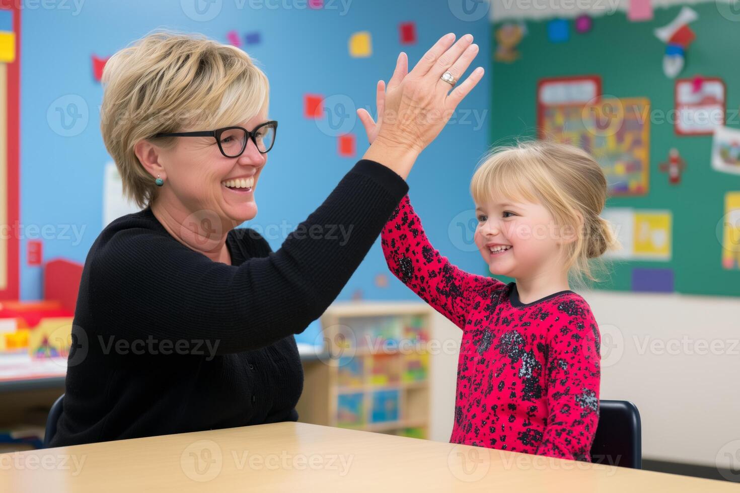 A teacher shares a joyful moment with a young student in a vibrant classroom during a light-hearted learning activity photo