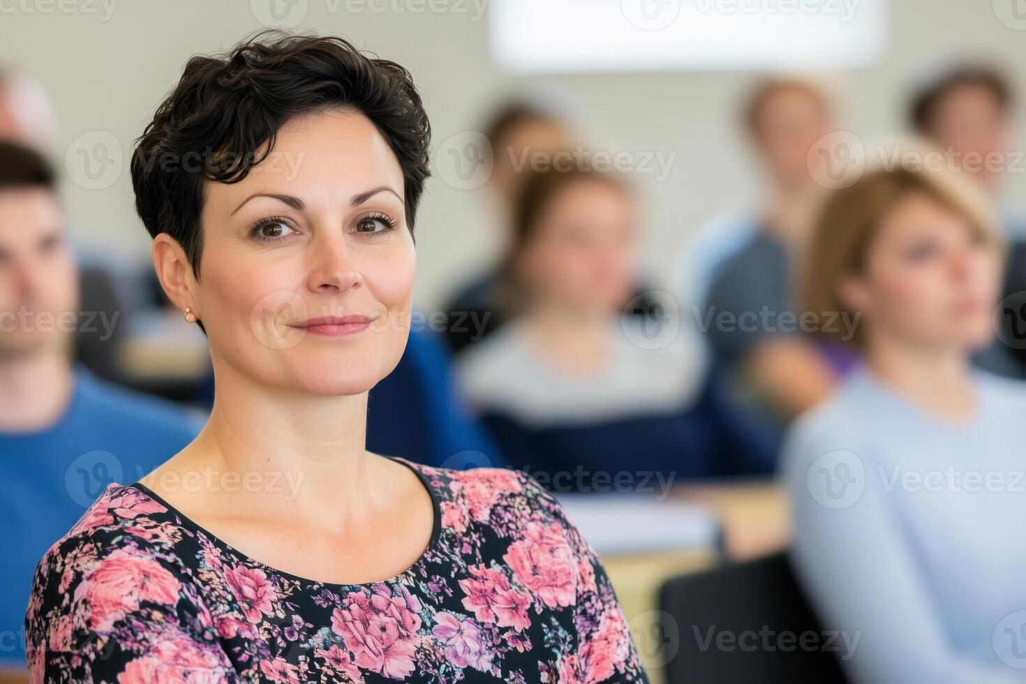 Teacher engaging adults in a classroom discussion during a soft daylight session photo