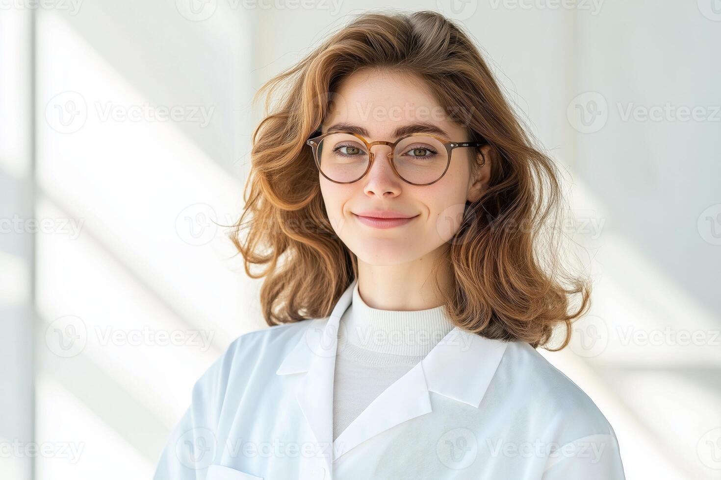 Cheerful woman in a medical lab coat smiling in a bright clinical space with natural light photo