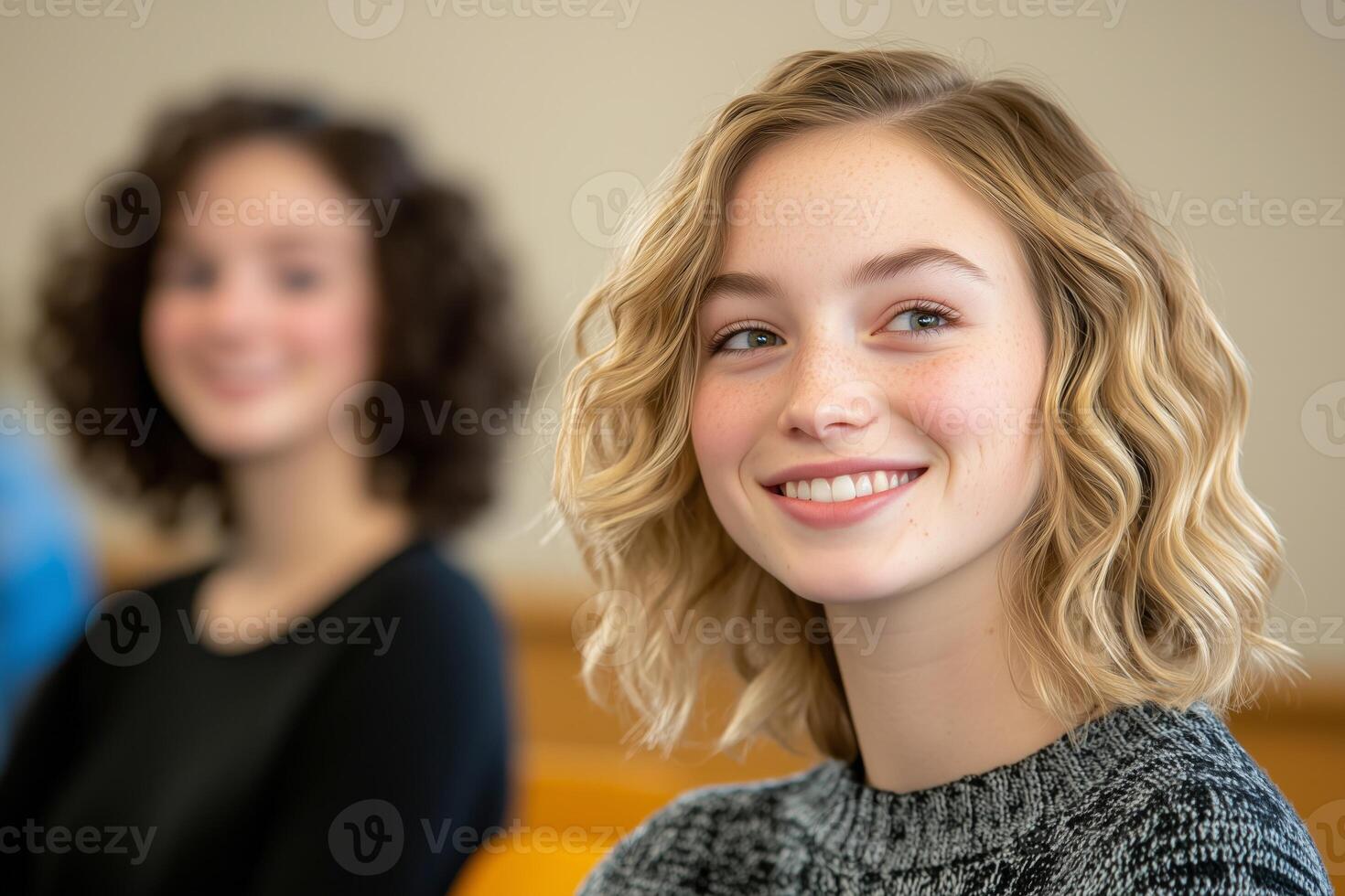 Two young women smiling while listening attentively in a warm and inviting classroom setting photo