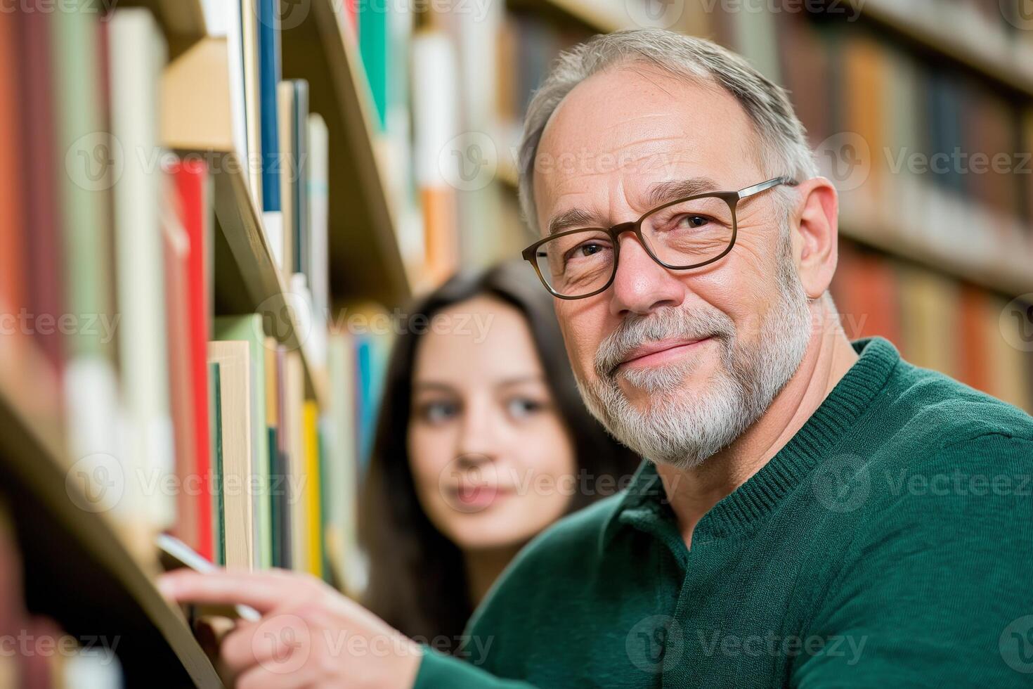 Middle-aged man engaging in conversation with a young woman while reaching for a book in a library setting photo