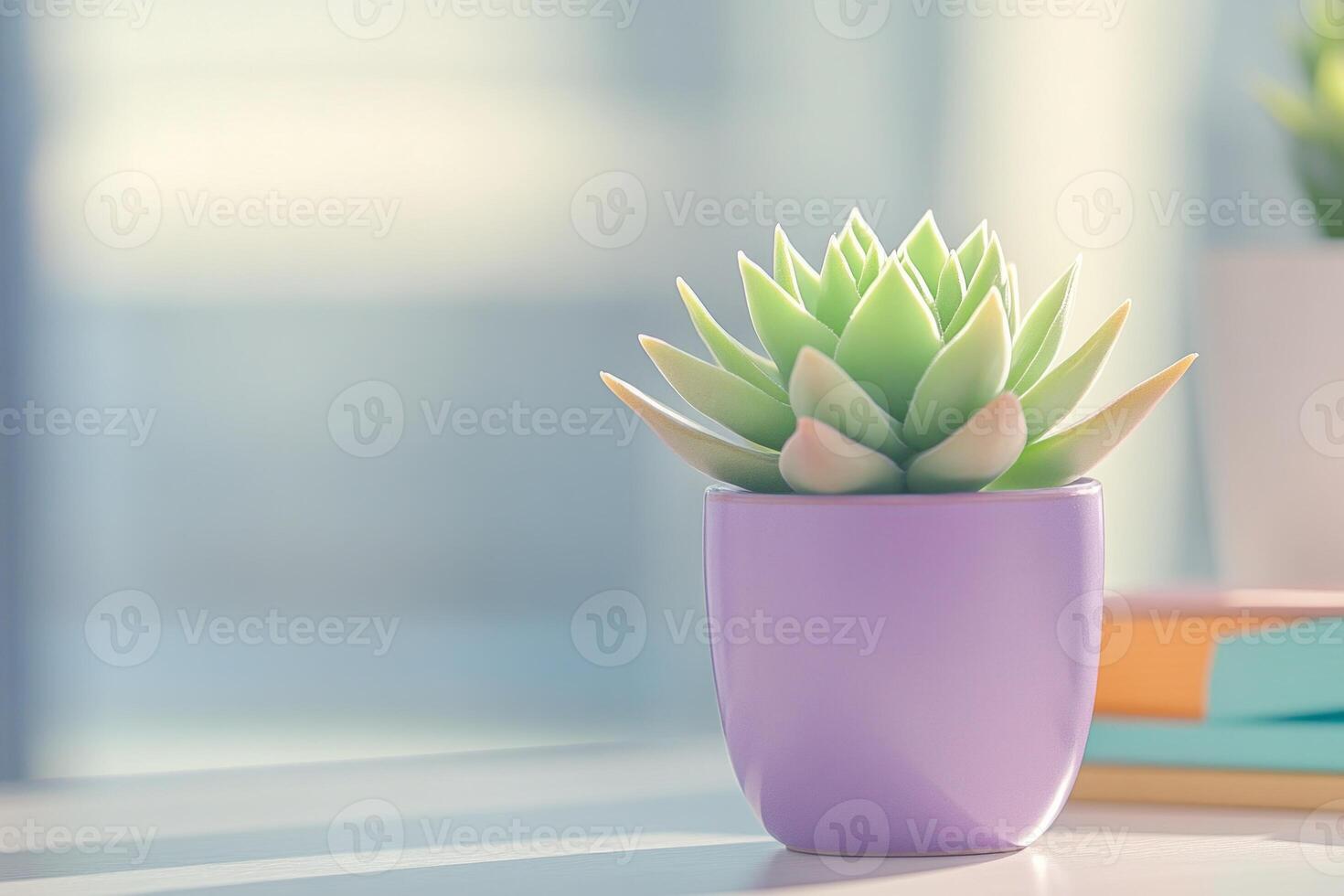 A bright modern workspace featuring a green succulent in a purple pot with colorful stationery and natural light photo
