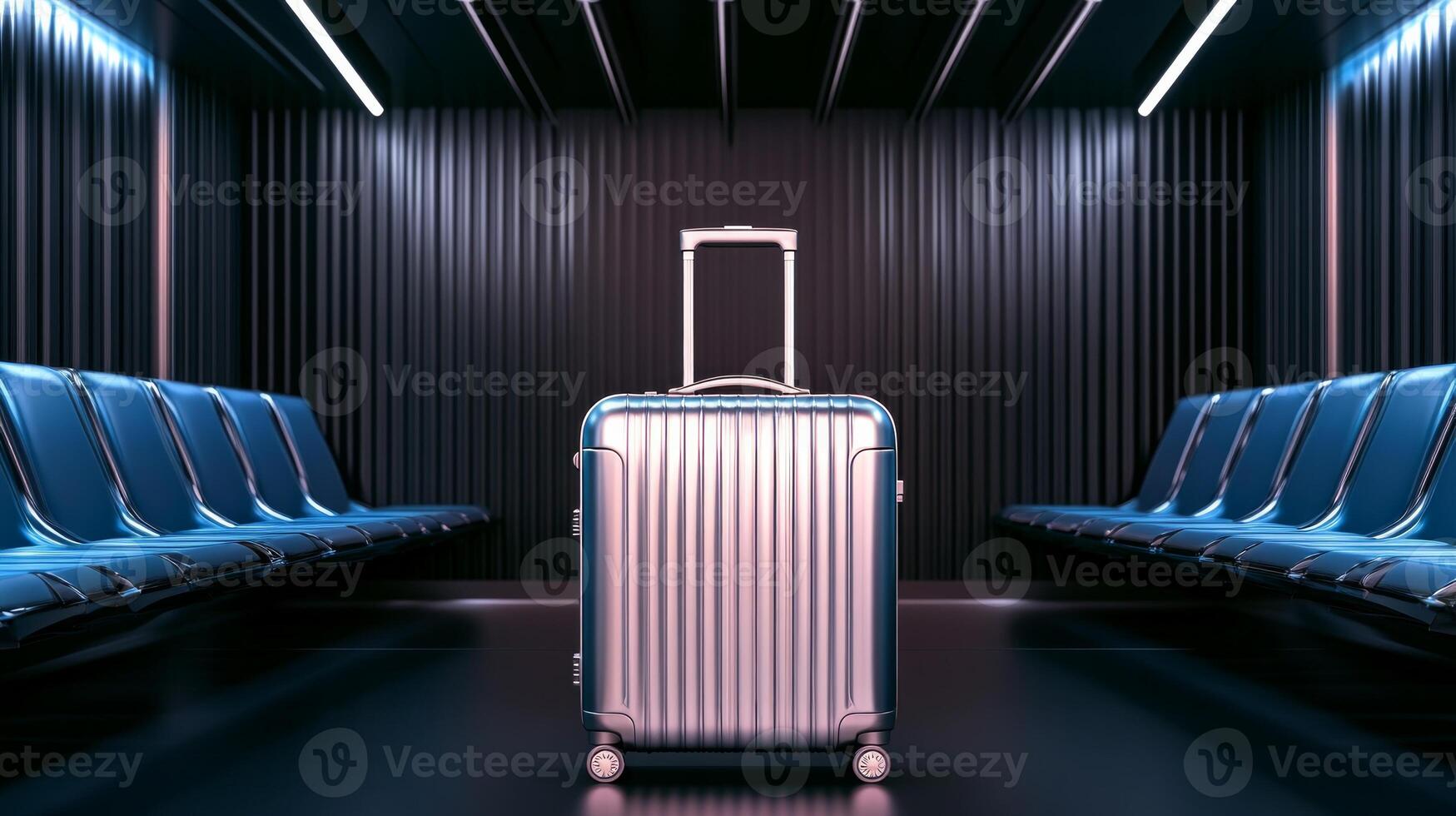 A sleek metallic silver suitcase resting in a modern airport lounge with deep blue seating and elegant lighting photo