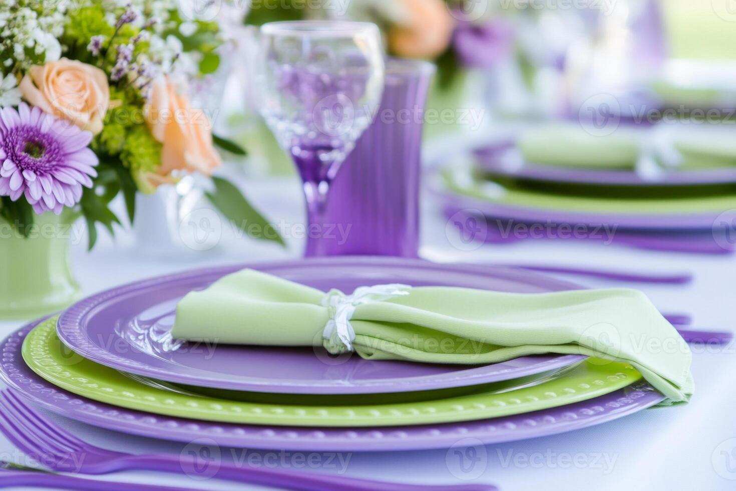 Elegant dining table setup with purple plates, green napkins, and soft candles for a special gathering photo