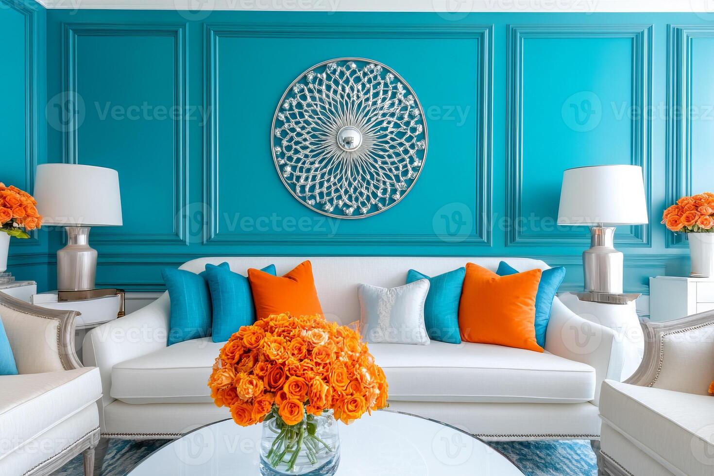 Stylish living room featuring teal walls and vibrant orange floral arrangements for a lively atmosphere photo