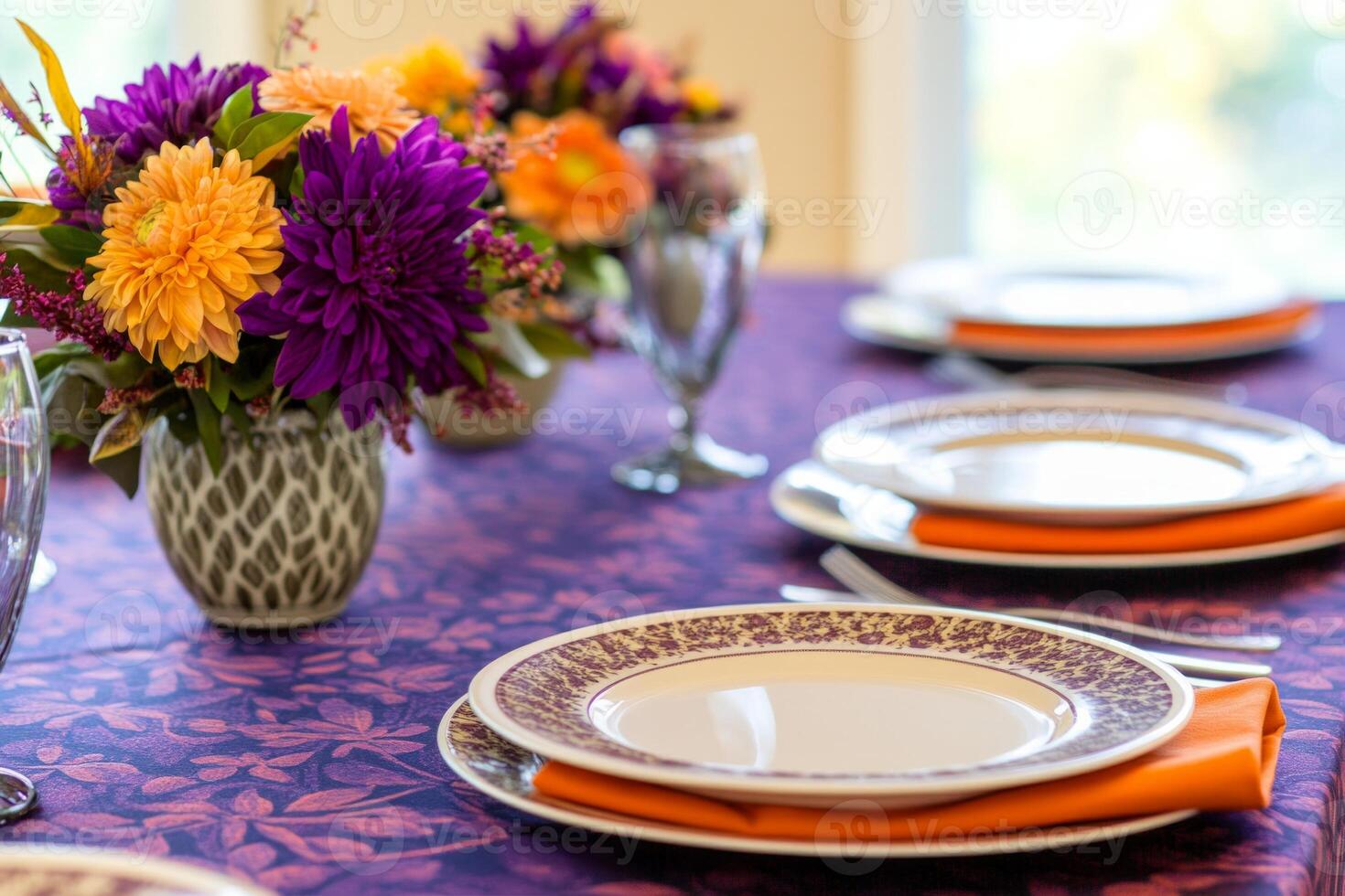 A beautifully set festive dinner table with elegant dishes and vibrant floral arrangements for a special occasion photo