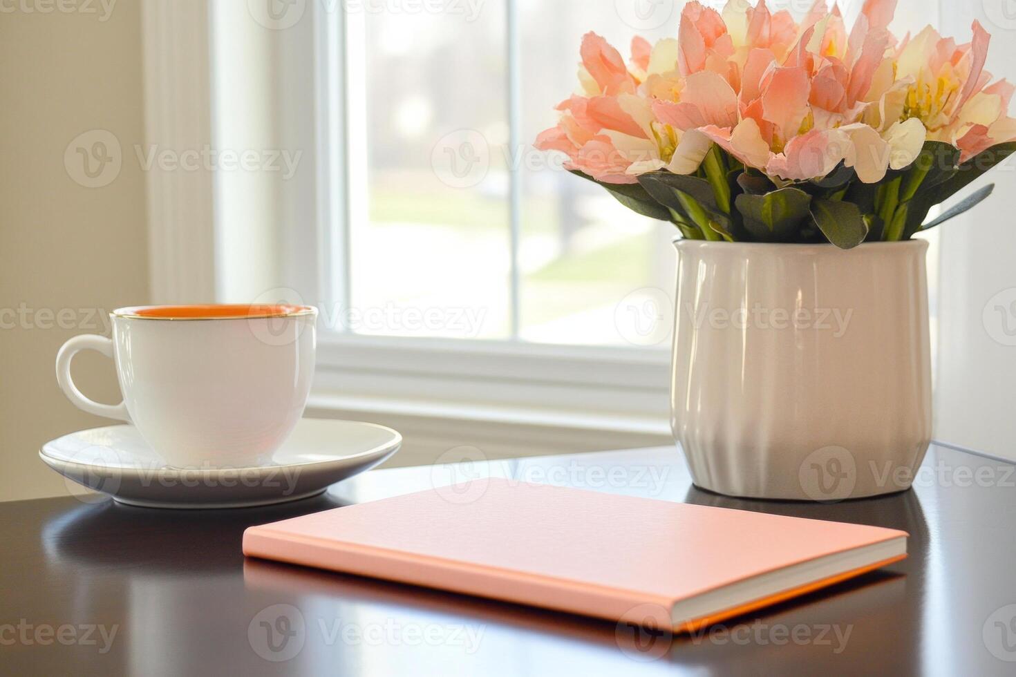 A calm home office with a dark brown desk, pink notebook, orange highlighter, tea cup, and flowers photo