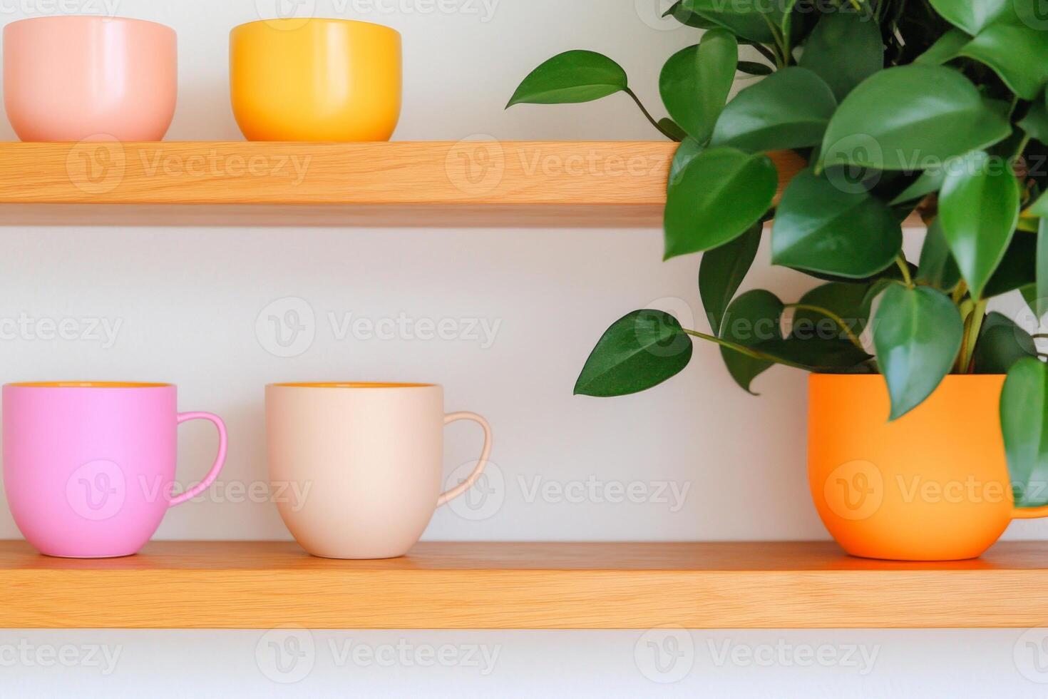 Bright and inviting kitchen display with wooden shelves, colorful cups, and fresh greenery photo
