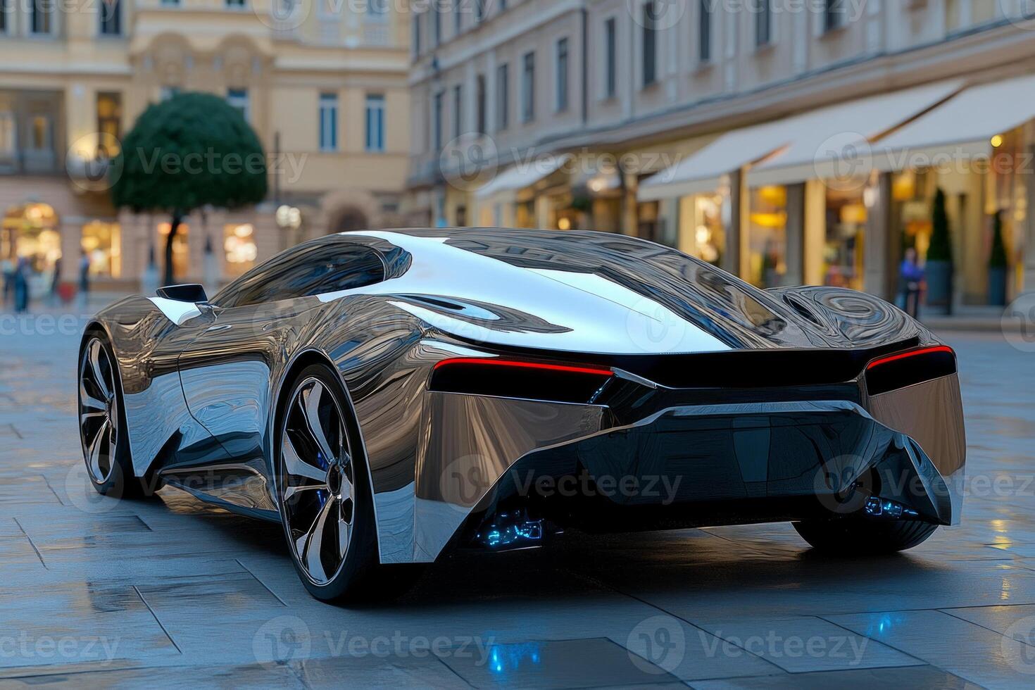Sleek silver car parked in a modern cityscape during soft evening light with reflections highlighting its design photo