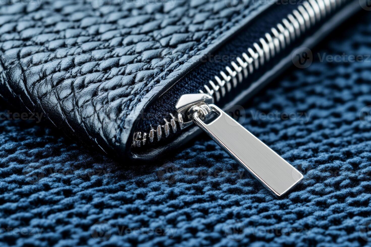 Close-up of a luxury black leather wallet with silver zipper on dark blue fabric background showcasing elegant textures photo