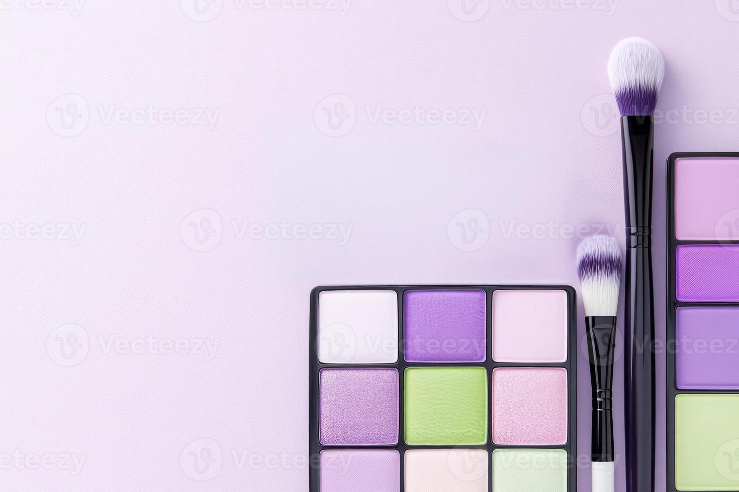 Vibrant makeup palette with colorful shades and brushes on a pastel background photo