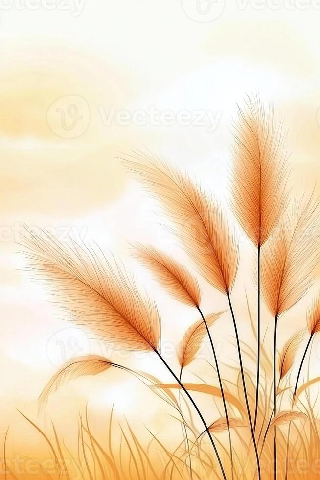 Tall autumn grass sways gently in the wind against a backdrop of golden paddy fields during a serene autumn day photo