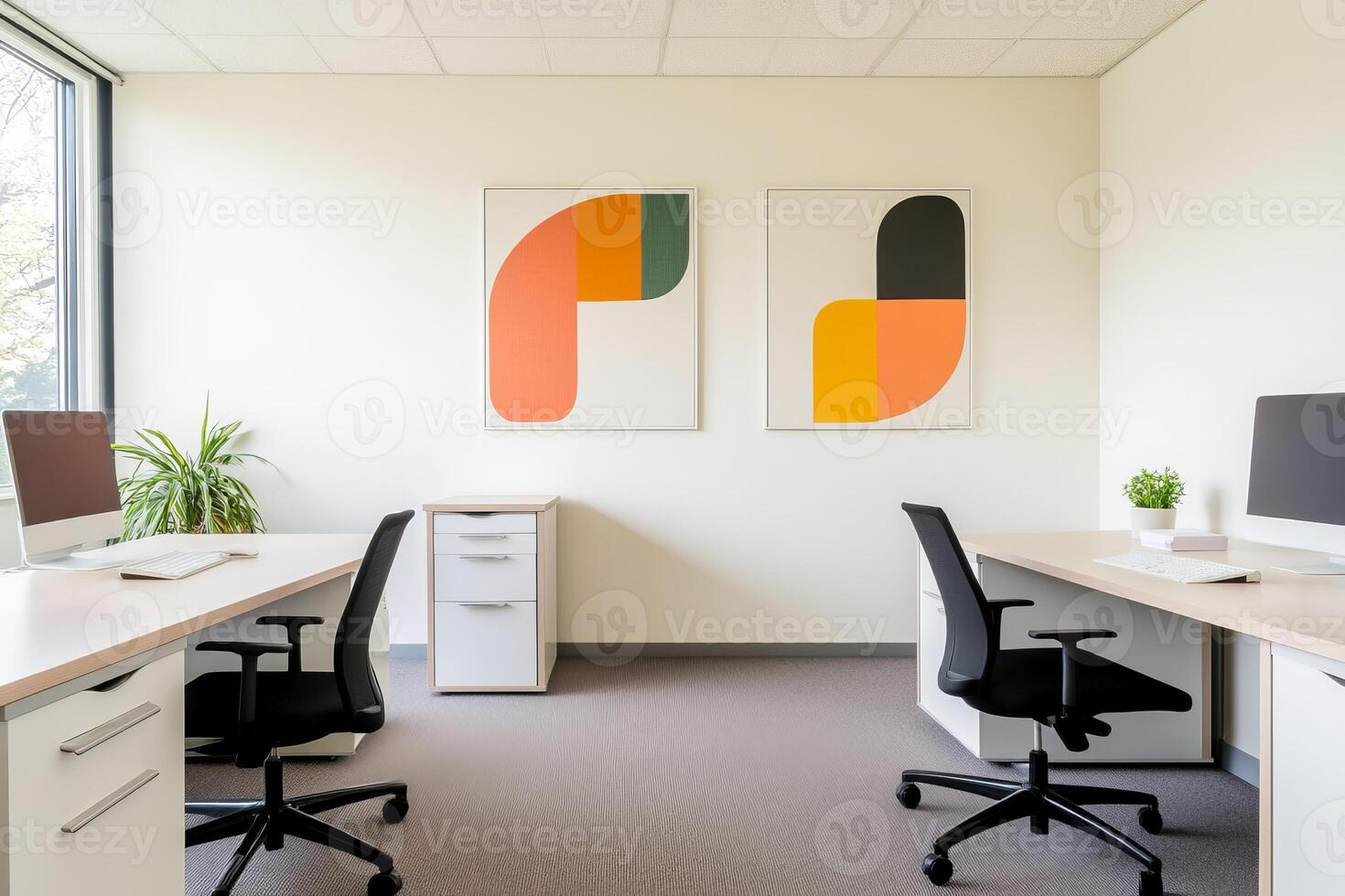 Modern Bauhaus workspace with minimalistic design featuring vibrant artwork and organized desks photo