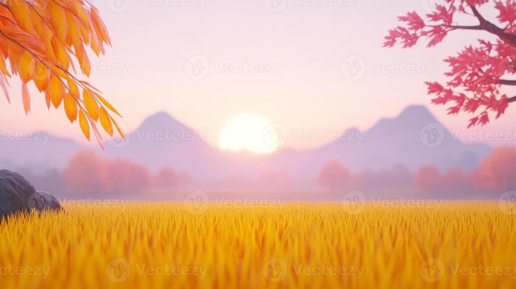 Golden rice fields under the warm late afternoon sun with distant mountains and vibrant autumn trees photo