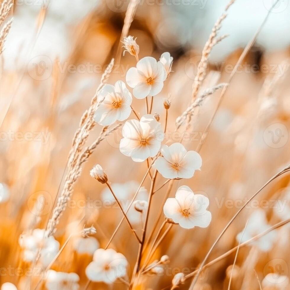 Delicate white wildflowers bloom at the edge of a golden rice field with autumn trees in soft focus photo