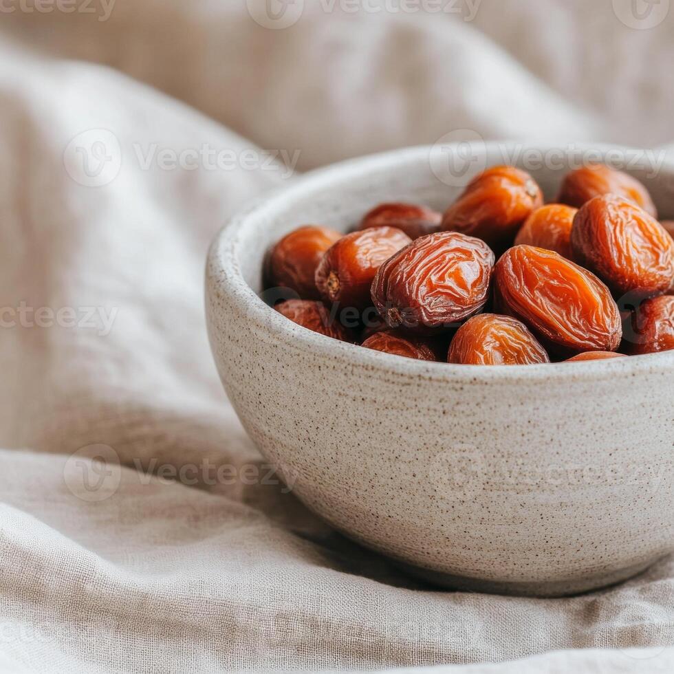 Cozy close-up of dried jujubes in a ceramic bowl on a neutral linen cloth for a warm atmosphere photo