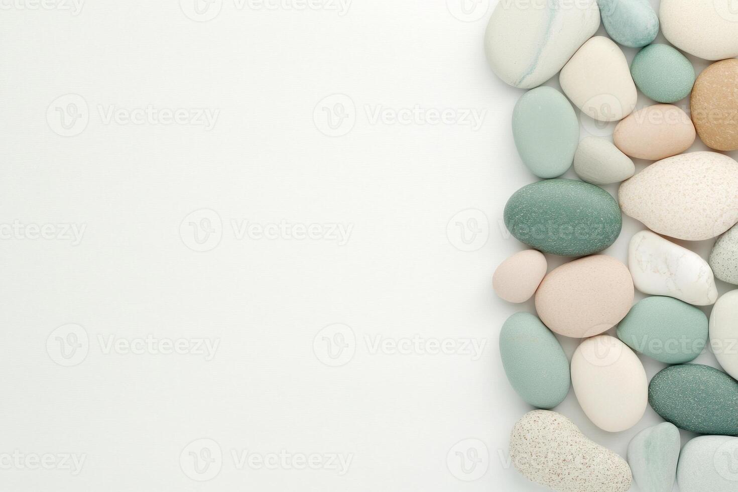 Natural flat lay of smooth pebbles in soft green and beige shades on a neutral background for minimalist decor photo