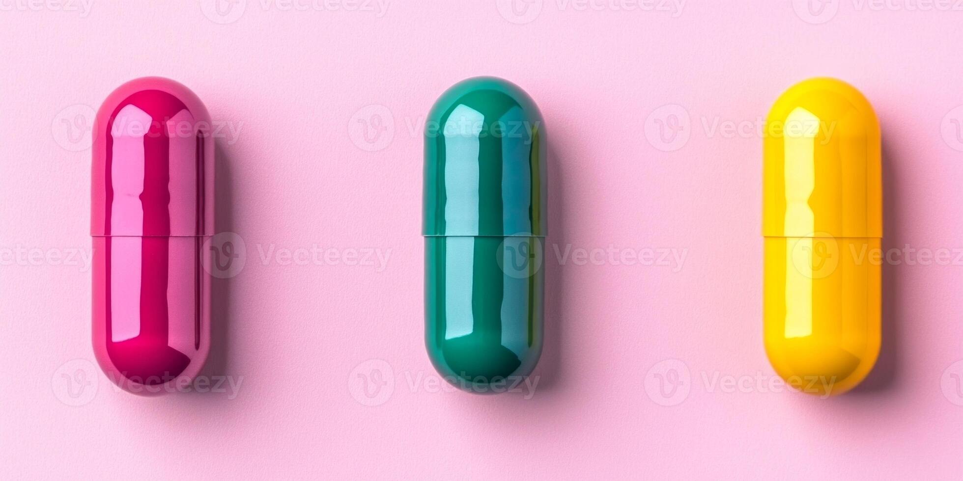 Assorted capsules arranged on a pastel background creating an abstract medical composition photo