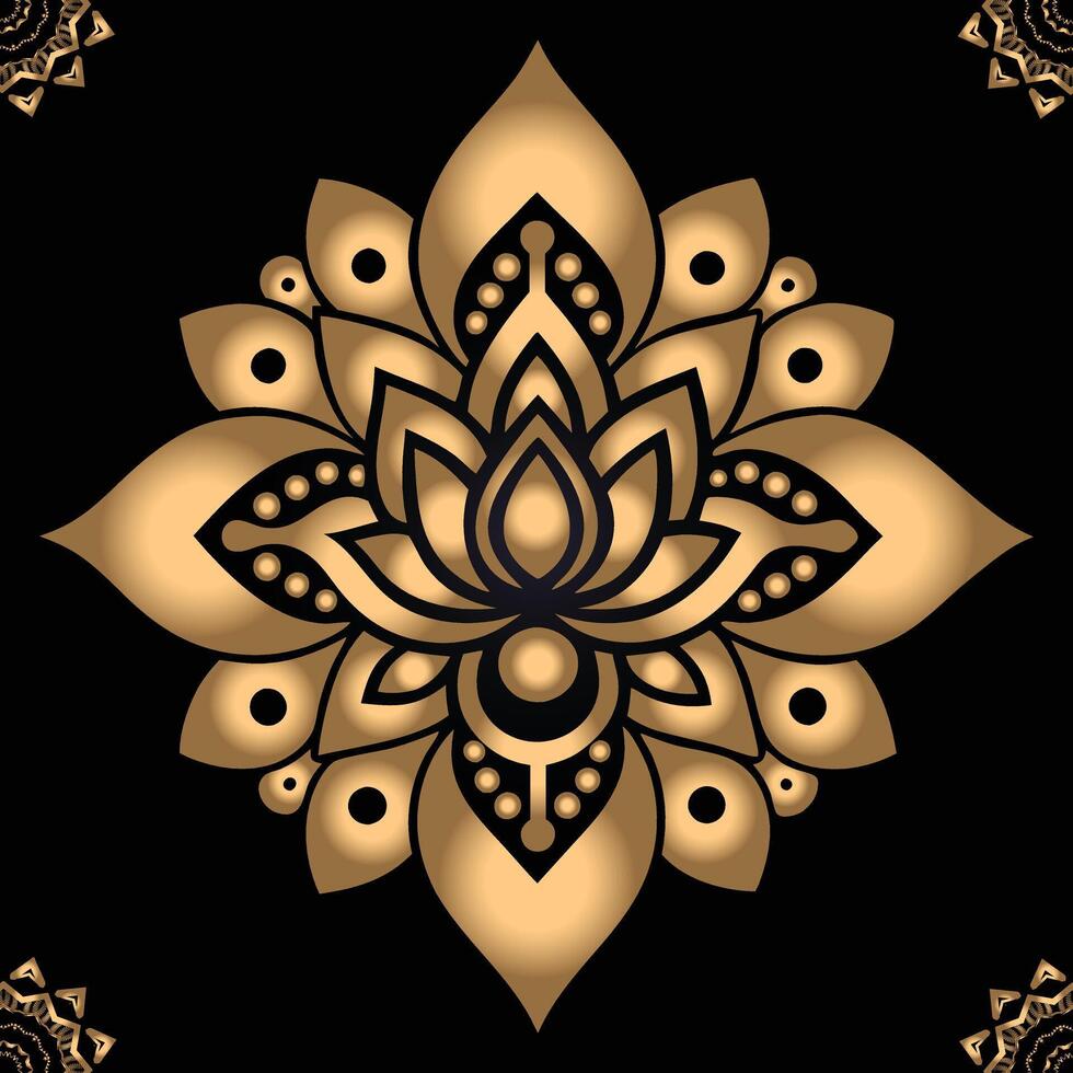 Mandala Design Ornate Floral Decorative Gold Pattern on black background vector