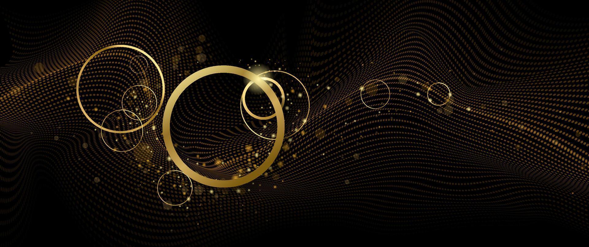 Illustration design of bright gold sparkle, dust particle, neon glow effect. Abstract of shiny glitter, spark light and golden shine line for energy motion, technology on black color background vector