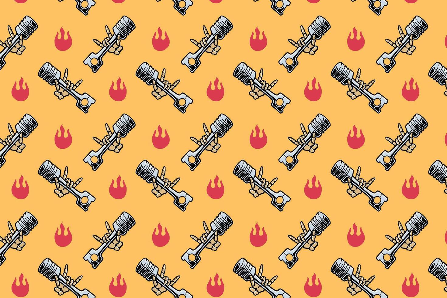 metal hand skull holding piston colorful pattern on yellow background. rock hand skeleton gripped cylinder seamless pattern background. piston with hand seamless pattern for decor and merchandise vector