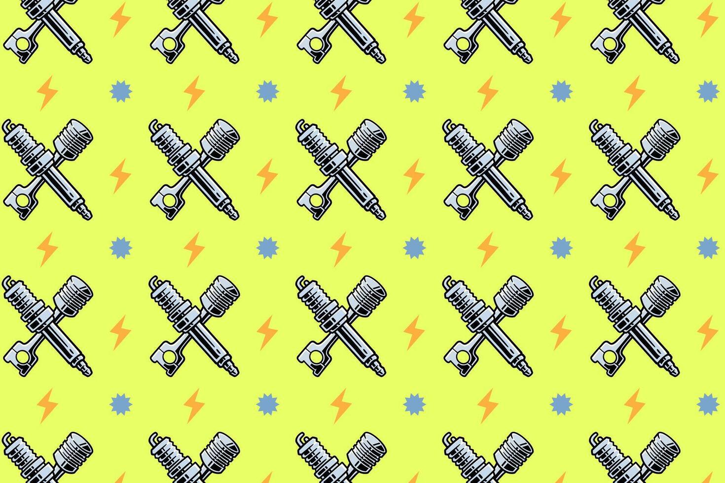 piston crossed sparking plug shape pattern on green background. doodle spark plug with cylinder object symbol seamless pattern background. plug with piston seamless pattern for decor, merchandise vector