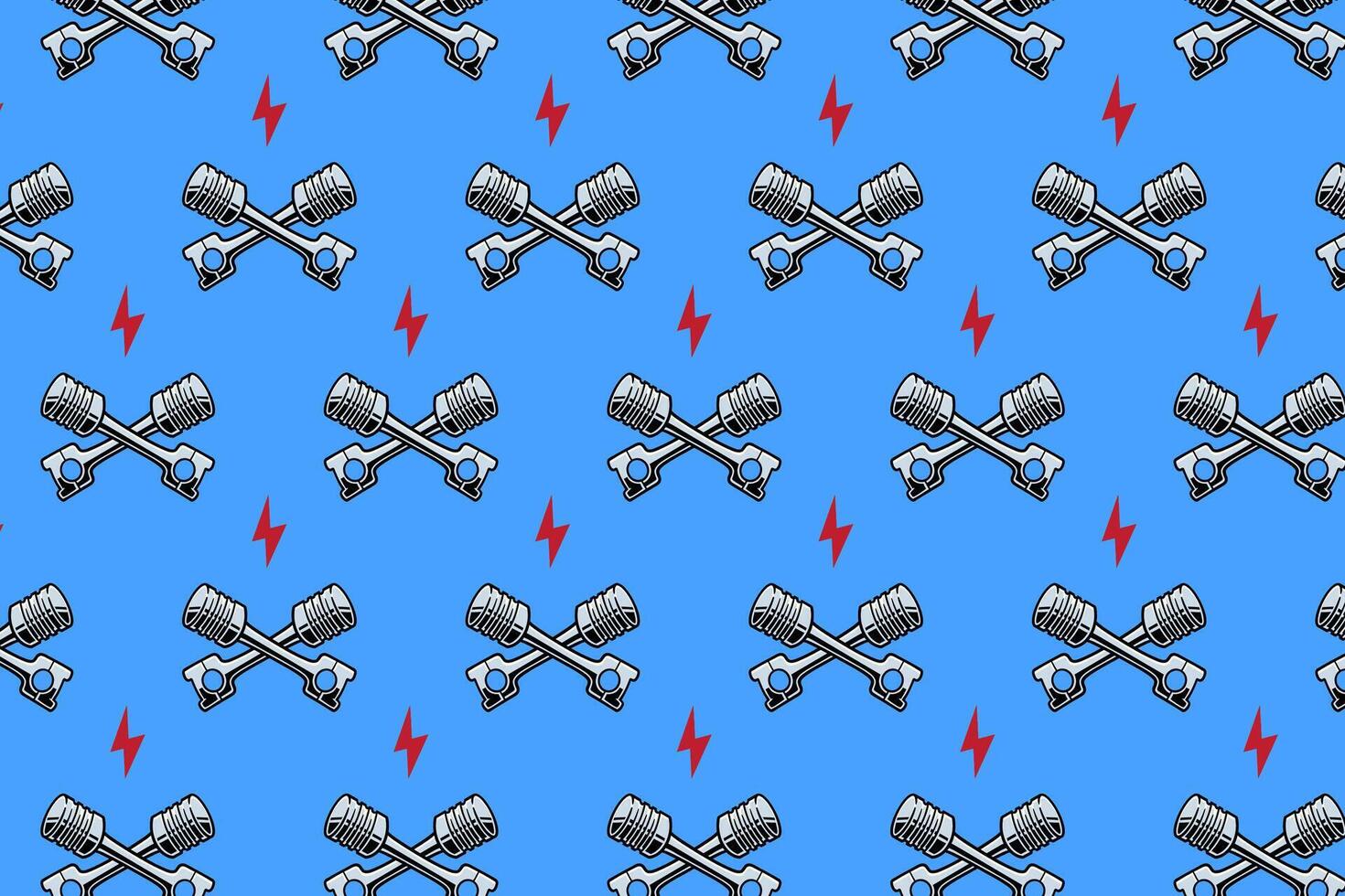 piston crossed with lightning colorful pattern on blue background. doodle piston with thunder object symbol seamless pattern background. piston with bolt seamless pattern for decor and merchandise vector
