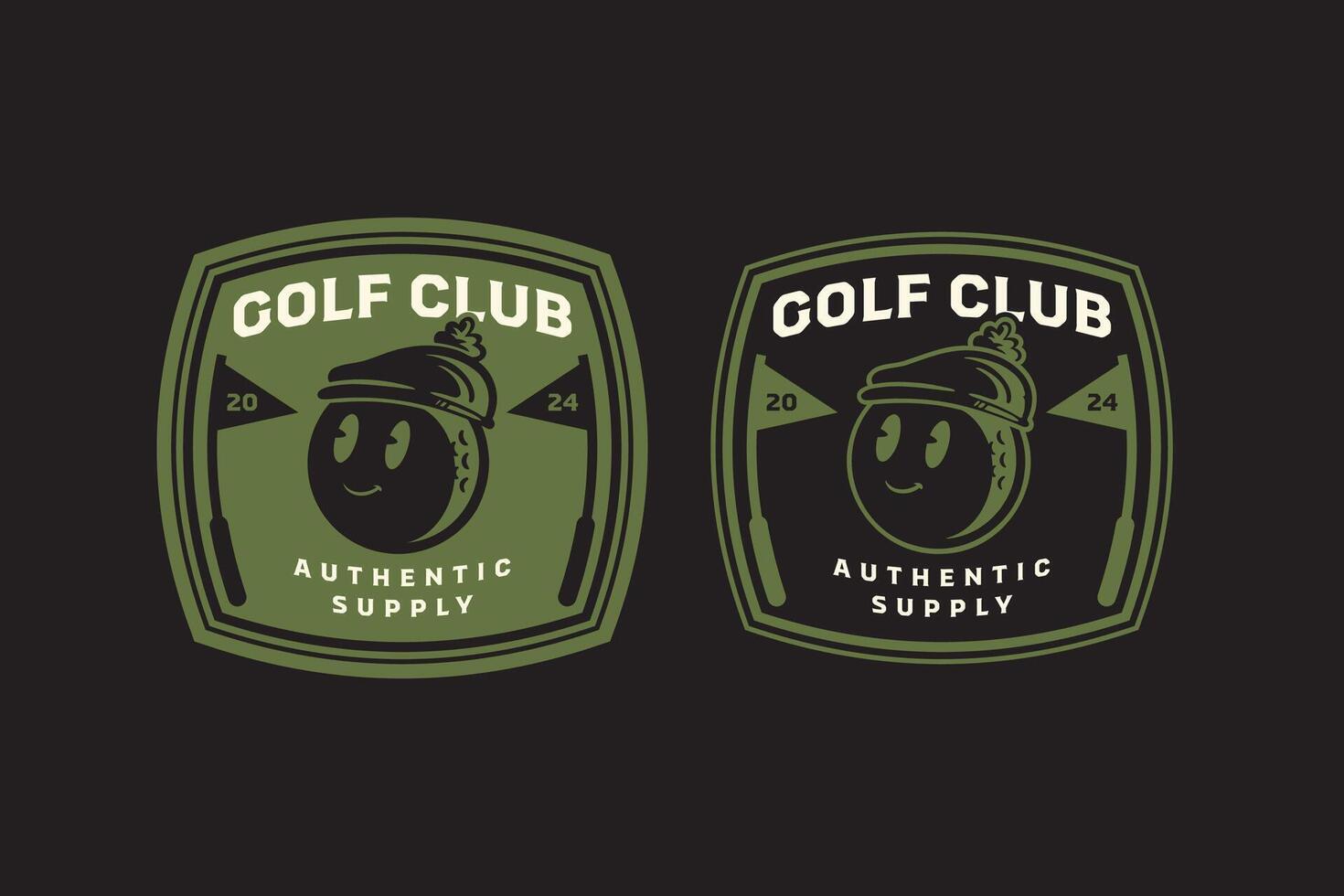 golf ball cartoon with hat and flag pole retro badge logo design set for golfer, golf club, professional team, sport and tournament. funny golf ball with cap and flag stick vintage emblem logo vector