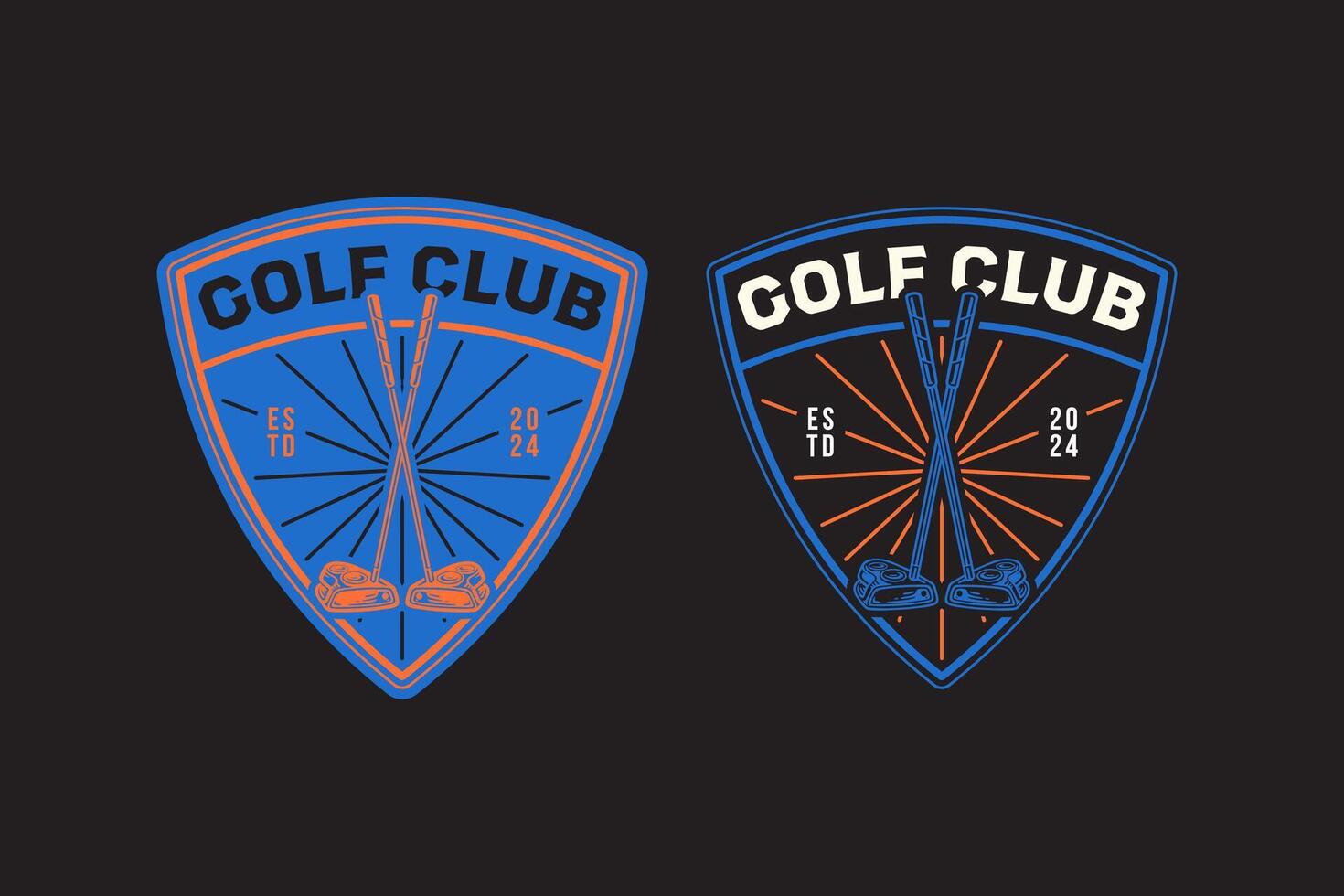 putter golf club crossed with glint line retro badge logo design set for golfer, golf club, professional team, sport, tournament. putter golf stick crossed with sunburst line emblem illustration logo vector