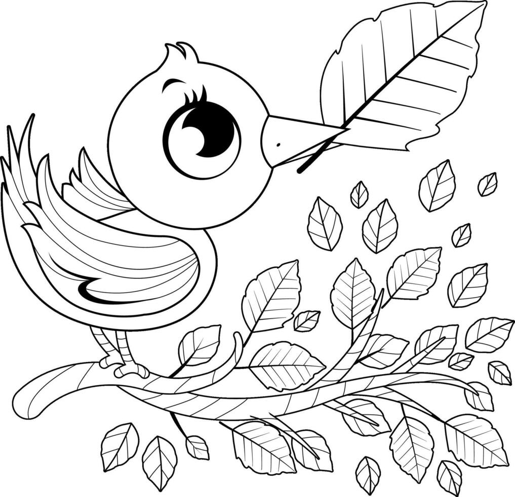Cute bird in Autumn and tree branch with dry leaves. Fall season tree with brown fallen leaves and bird. Black and white coloring page. vector
