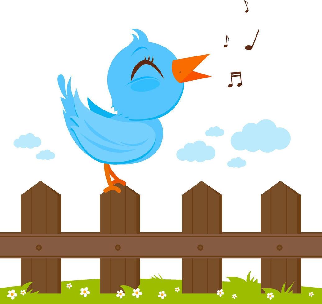 Blue bird singing on a wooden fence. Beautiful bird on a fence in the country farm. Isolated on white background. vector