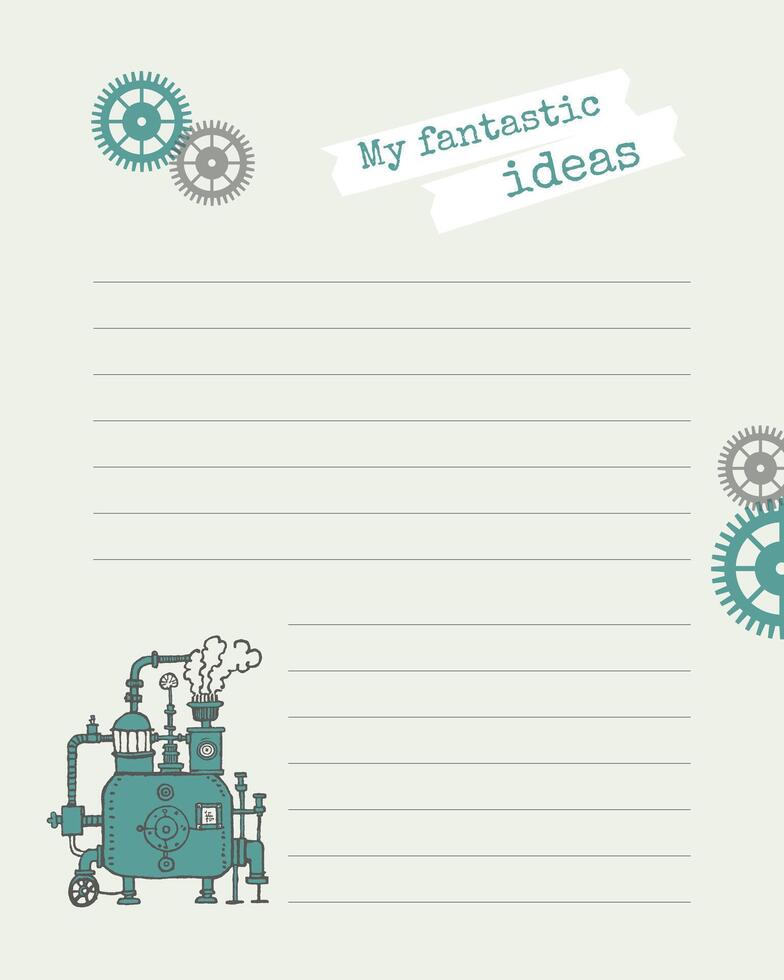 My fantastic ideas. Blank brainstorming pad with steampunk gears and vintage steam engine design. vector