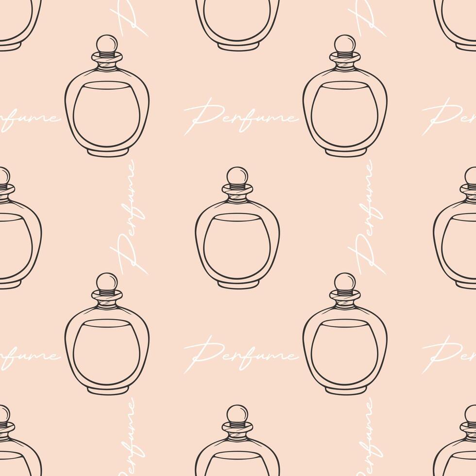 Elegant pattern with outline of perfume bottle and lettering on soft pink background, ideal for packaging, backdrops, covers. vector