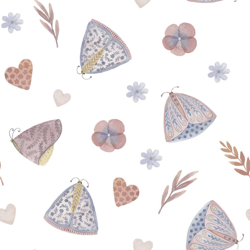 Boho Butterfly seamless pattern with flower and heart on the white background. Hand drawn watercolor charming aesthetic illustration in soft pastel colors for baby nursery decor designs. vector