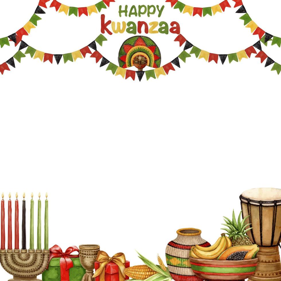 Happy Kwanzaa square frame with garland, Kinara, drum, fruit plate and gift. Hand drawn watercolor holiday illustration of traditional symbol. Isolated drawing for African-American designs. vector