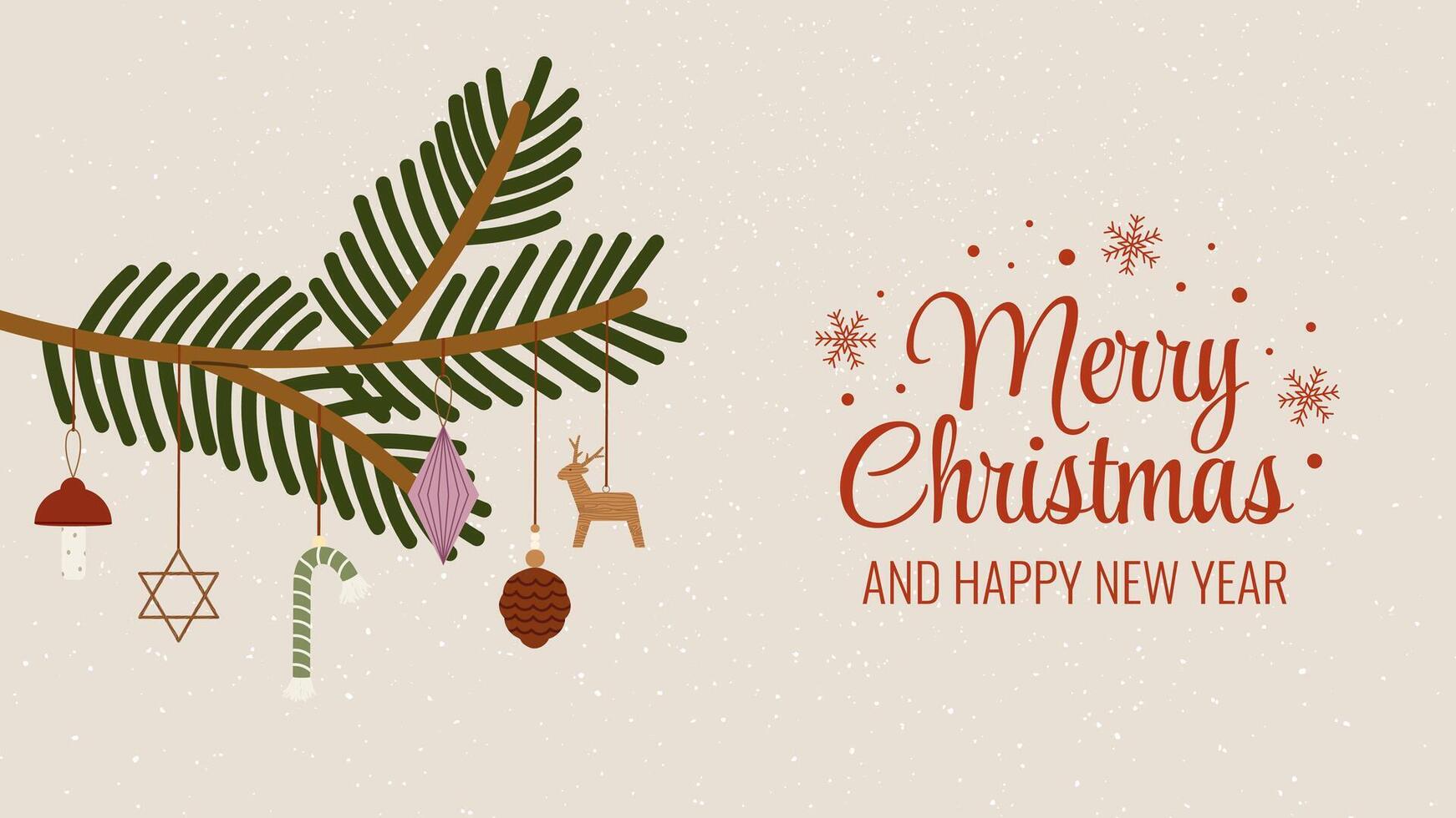 Merry Christmas Greeting Banner with Pine Branch and Handmade Ornaments vector