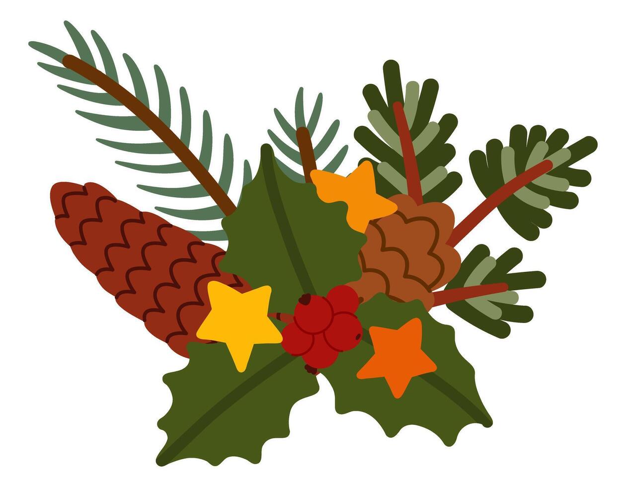 Festive Christmas Botanical Composition with Holly and Pine Cones vector