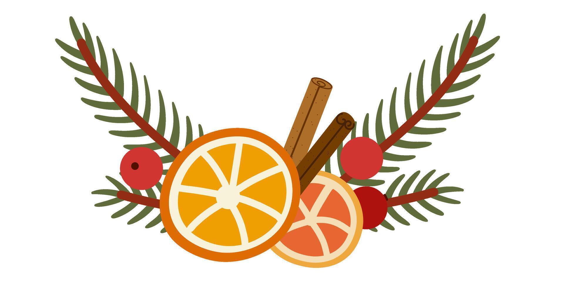 Botanical Christmas Decoration with Orange slices, Cinnamon and Fir Branches vector