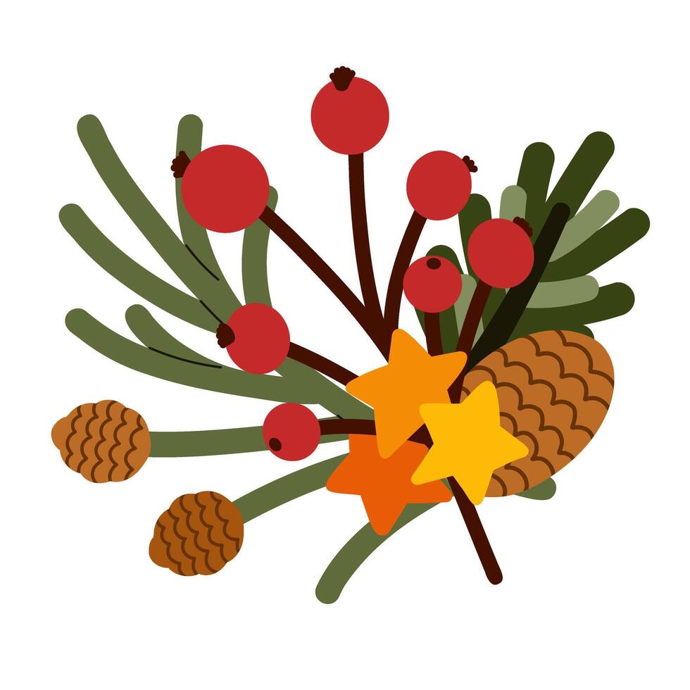 Christmas Botanical Decoration Pine Branch, Cones, Rowan vector