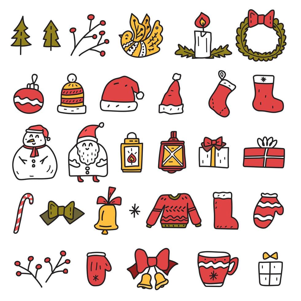Set of hand drawn simple color icons for merry Christmas and happy new year. illustrations for greeting card, stickers design. vector