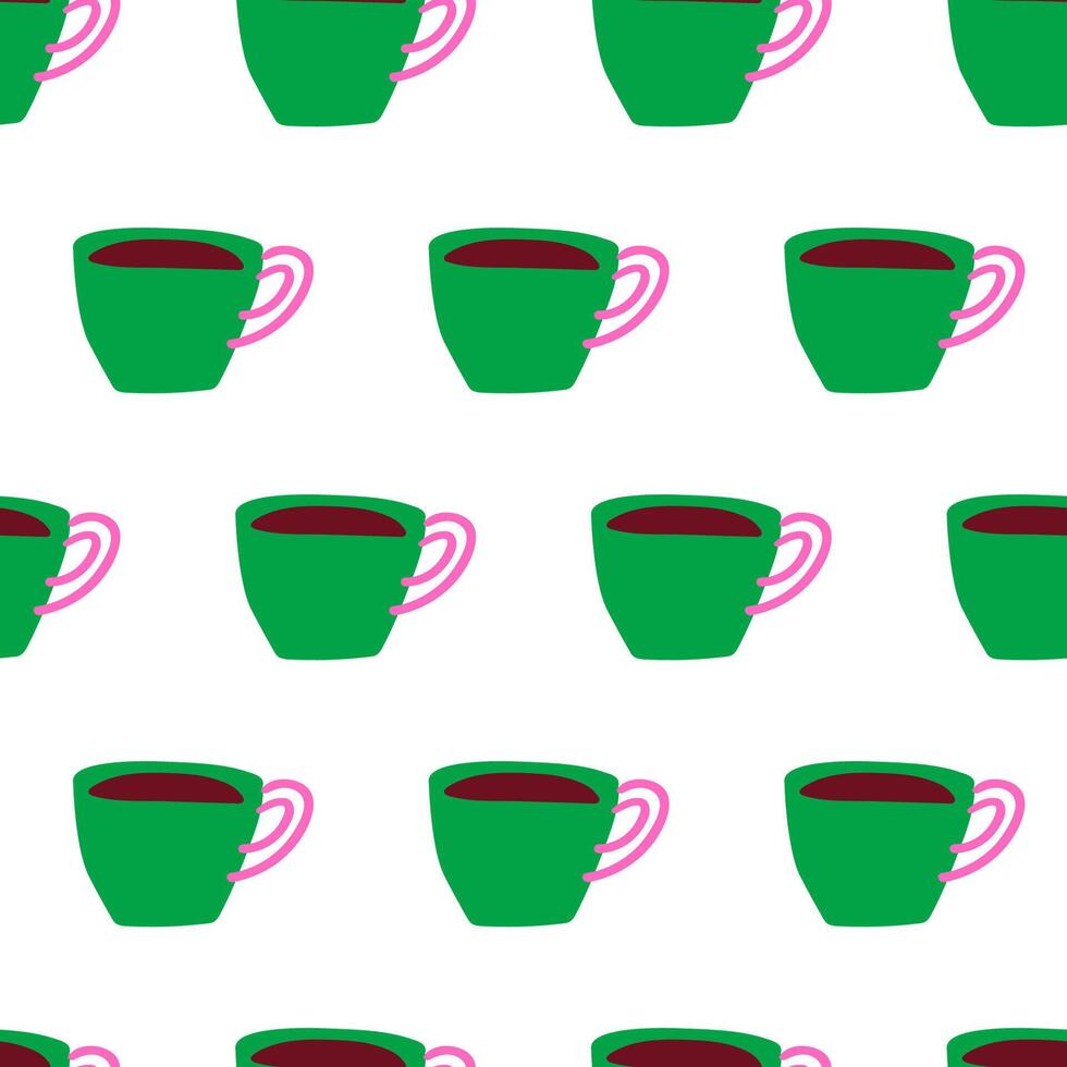 Seamless pattern. Green coffee cup. Hand drawn design. Illustration on white background. vector