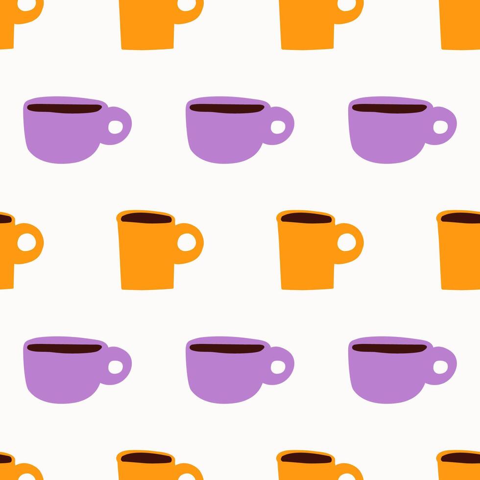 Simple seamless pattern. Coffee drinks. Pink and yellow cups. Graphic design. Hand drawn illustration. vector