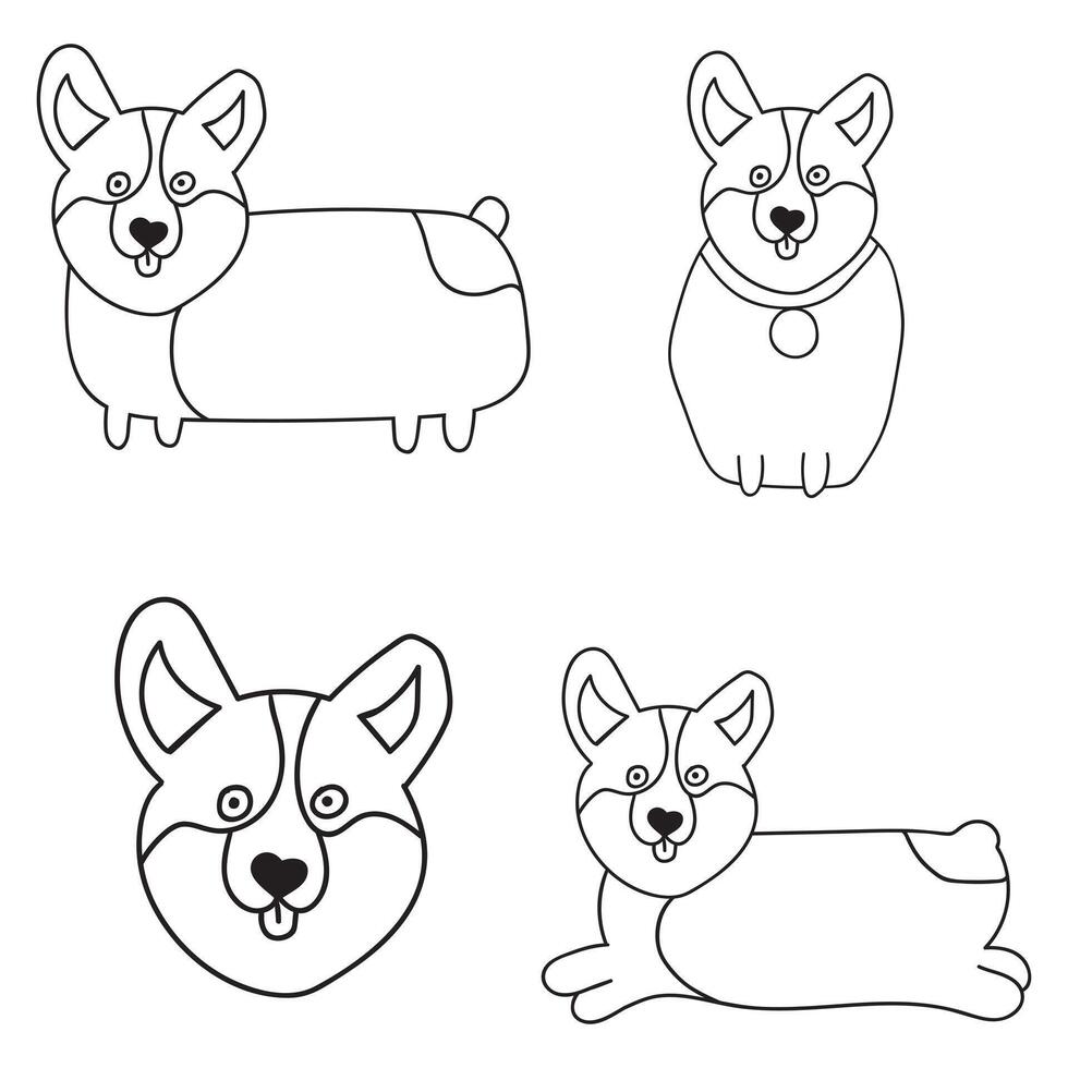 Set of hand drawn outline icons of corgi. Doodle illustration vector