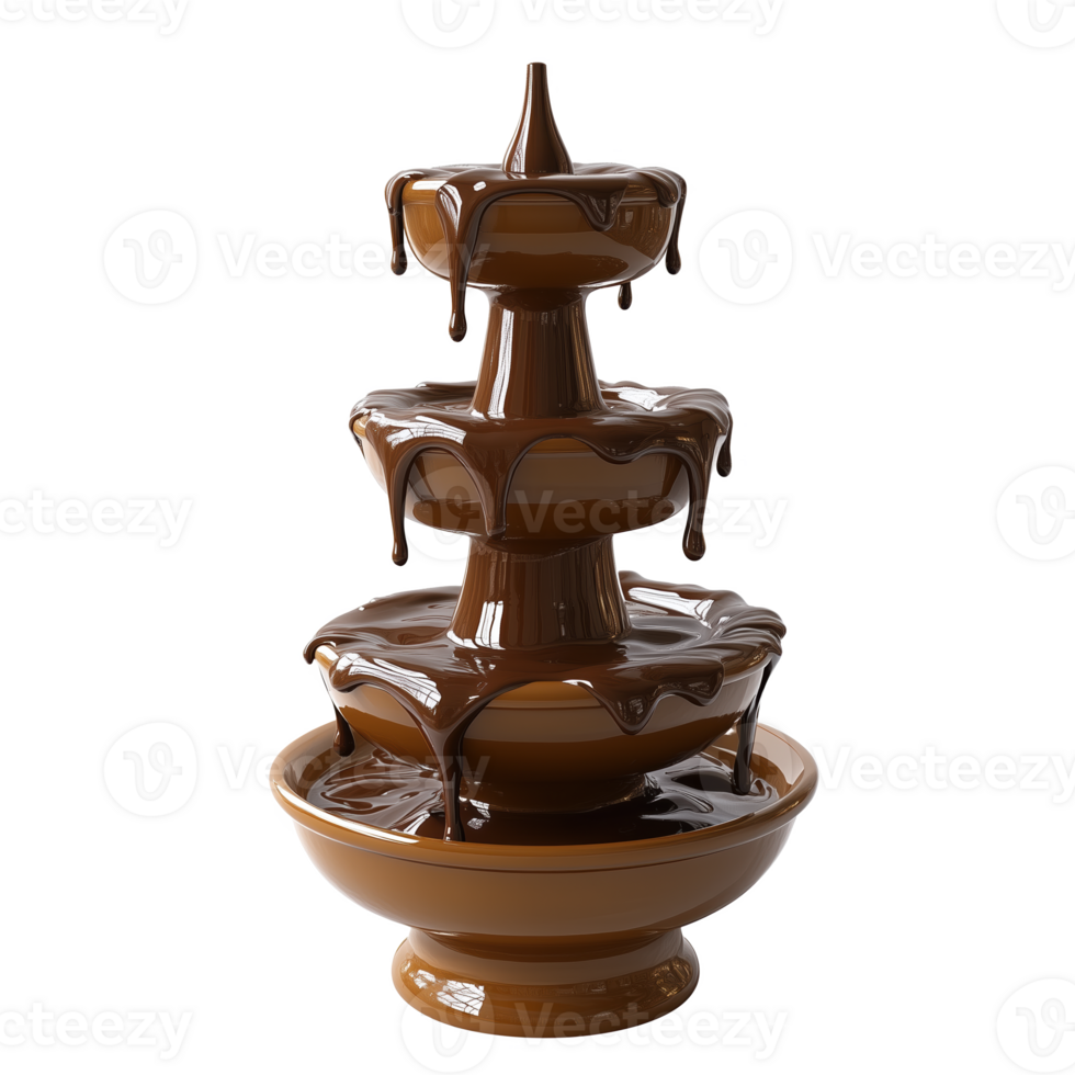 A three-tiered chocolate fountain oozes rich, melted chocolate, cascading down each level png