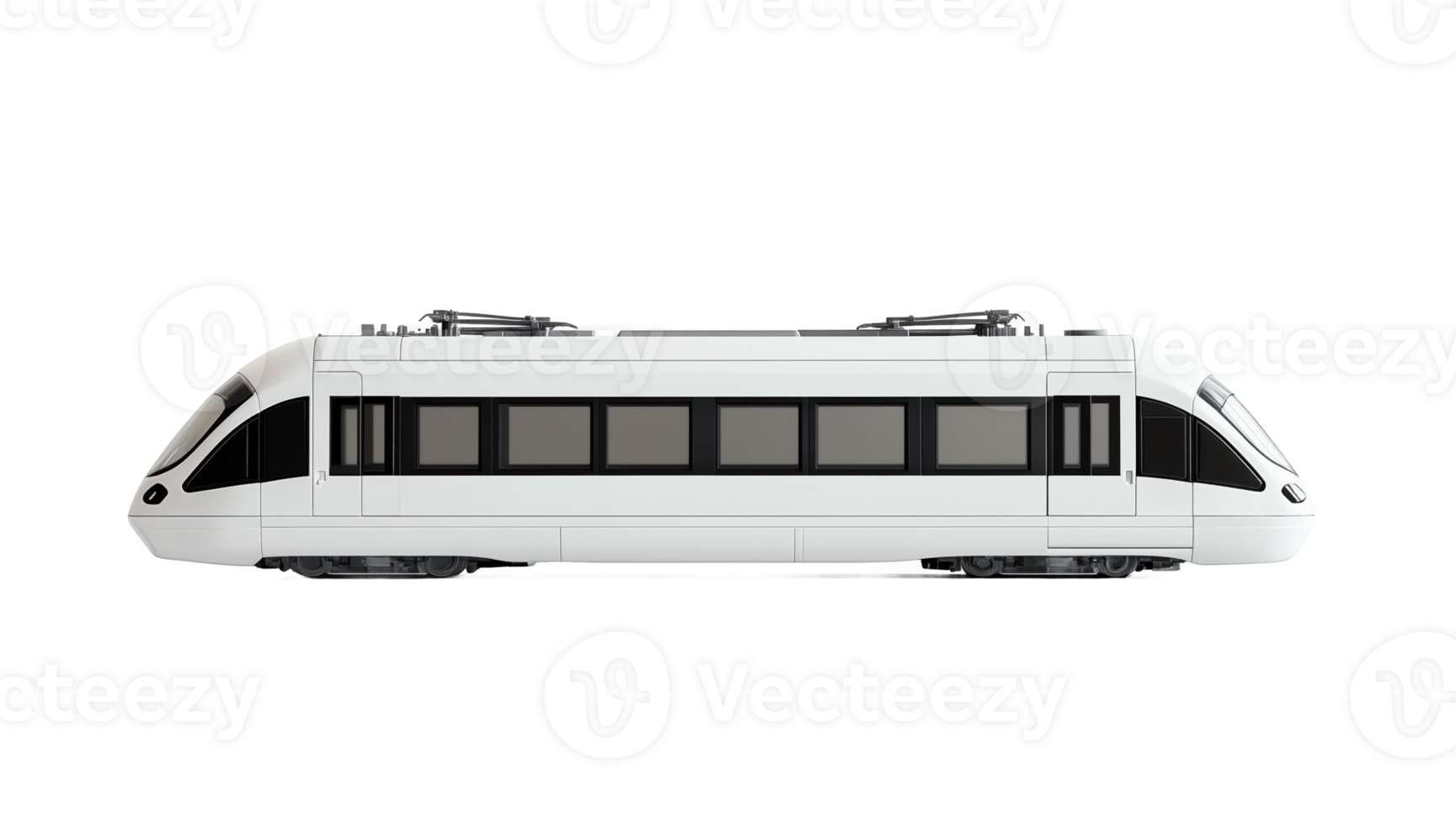 Light rail train with black windows traveling on tracks in bright urban setting png