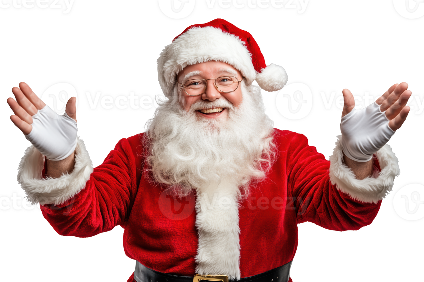 vrolijk de kerstman claus verwelkomt iedereen met Open armen gedurende de feestelijk seizoen png